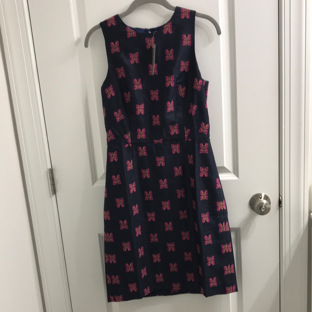 New J. Crew Navy Dress with Pink Butterfly Pattern